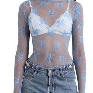✨No Comment Top Juniors size L Blue
Sheer Floral Lace Mesh Blouse